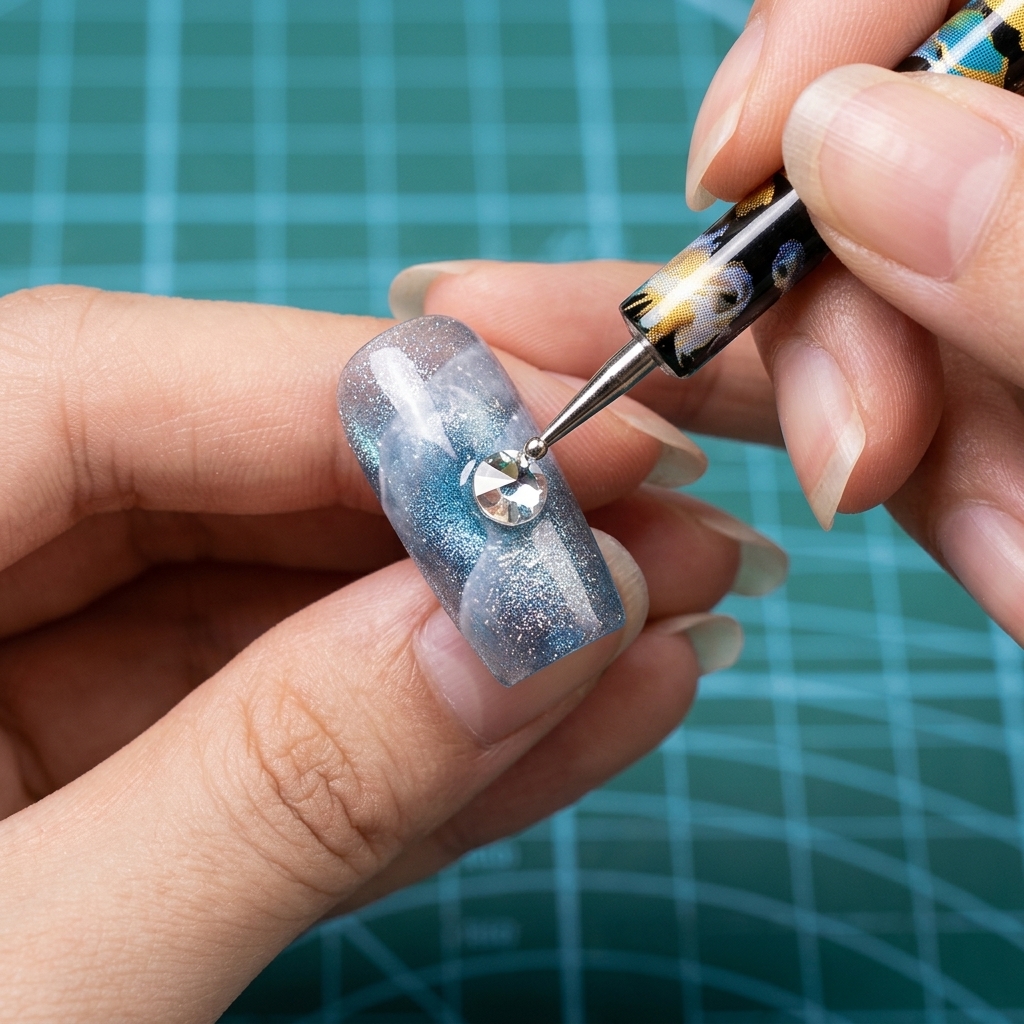 Un outil attrape-strass plaçant un bijou rond en cristal transparent à facettes au centre dun ongle décoré.