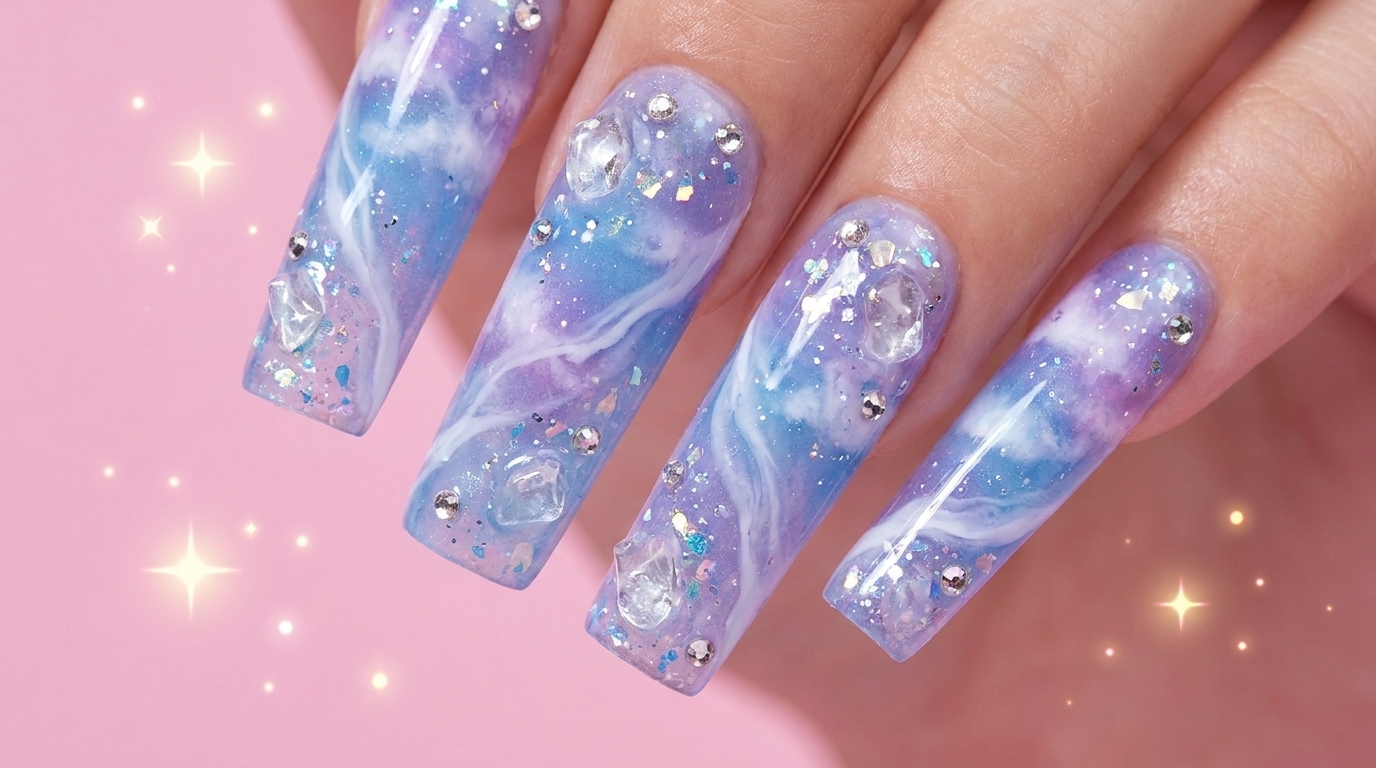 Nail Art Nuage Bleu et Violet avec Cristaux 3D : Tutoriel Effet Galaxie