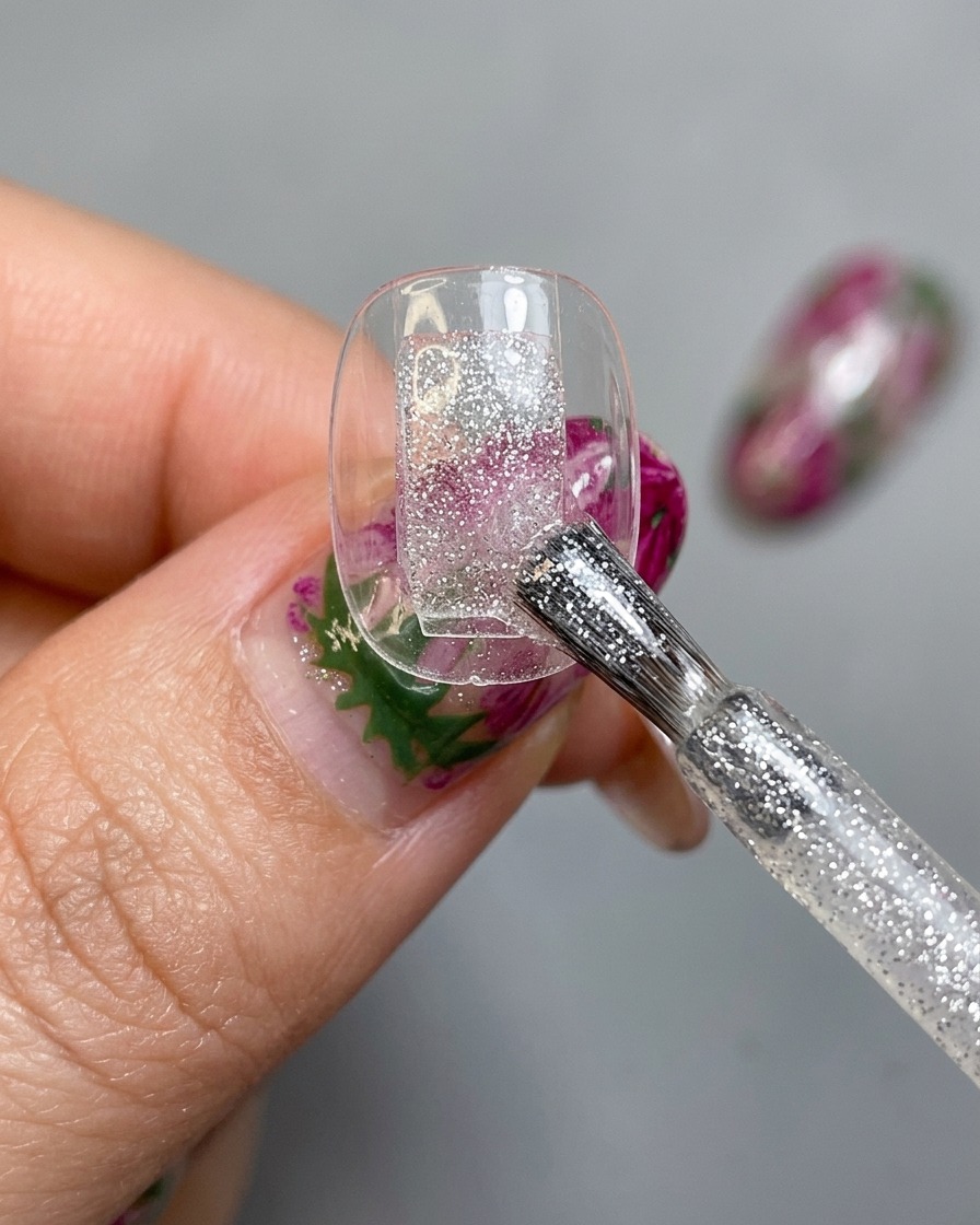 Un pinceau à ongles appliquant une base de gel cat-eye argentée brillante sur une capsule dongle transparente fixée sur un support de présentation.