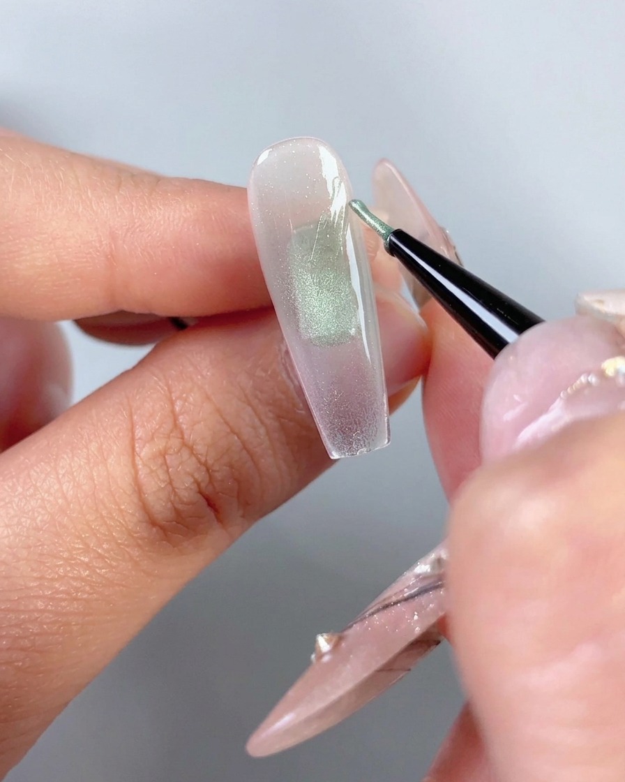 Un pinceau traceur fin appliquant du vernis gel œil-de-chat vert sous la forme dune demi-aile de papillon sur le côté droit dune capsule dongle transparente.