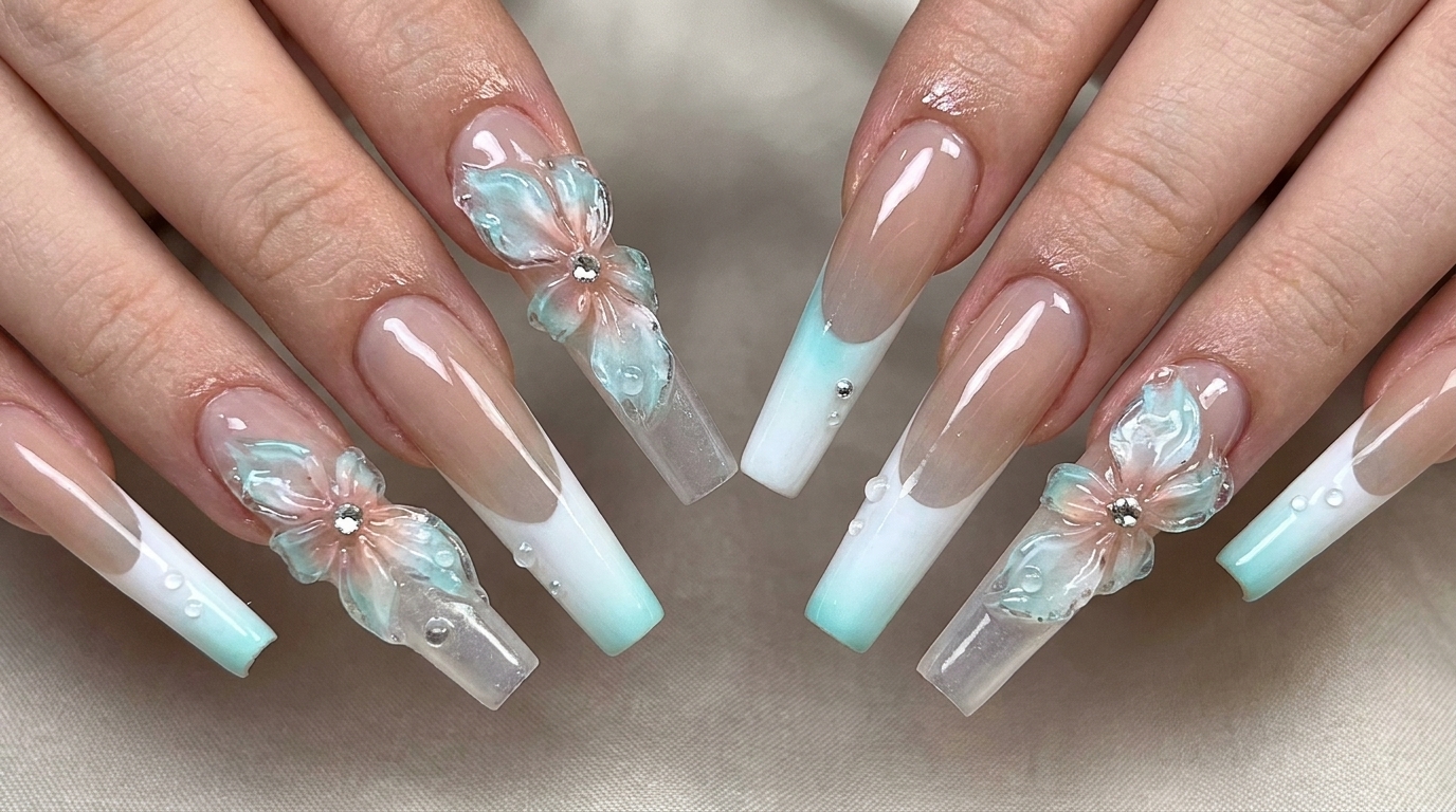 Ongles Dégradés French Fleurs de Glace Bleues — Tutoriel Étape par Étape