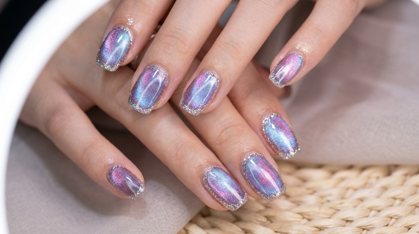 Gros plan dongles cat eye bleu-violet aurora brillants avec un reflet central lumineux et des bords soulignés de paillettes flash.