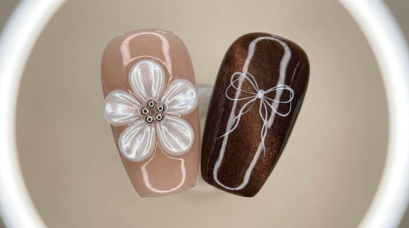 Gros plan en plongée dongles press-on esthétiques finis, présentant une fleur en perle sculptée en 3D sur base nude et un nœud au fin contour blanc sur un fond cat-eye marron foncé magnétique.