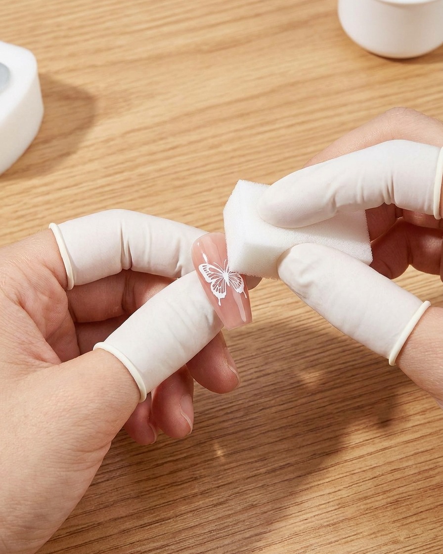 Une main gantée utilisant une éponge blanche pour tamponner du gel blanc sur un pochoir papillon sur un ongle.