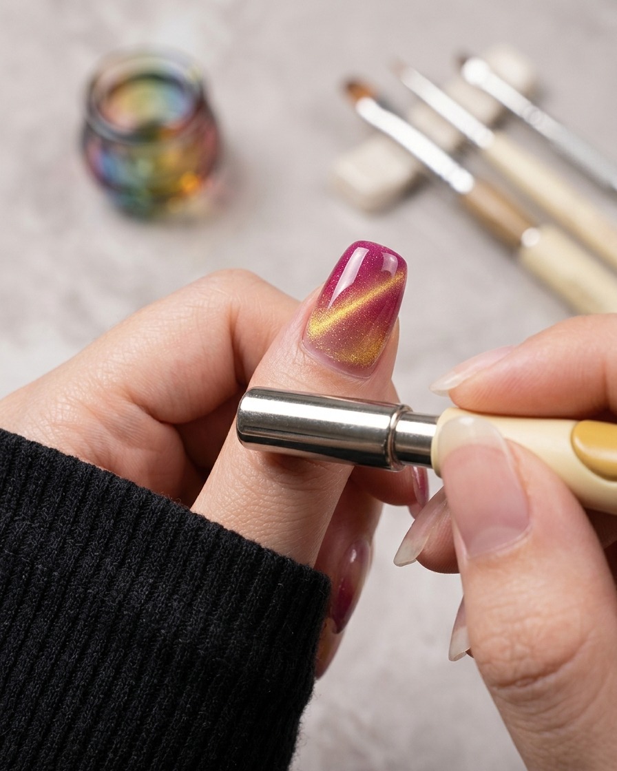 Une main tenant une baguette magnétique à lhorizontale le long dun ongle brillant pour façonner une bande lumineuse dorée sur une base rose.