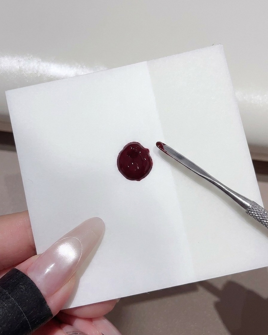 Une spatule métallique mélangeant une noisette de vernis gel rouge foncé sur une feuille de palette carrée blanche.