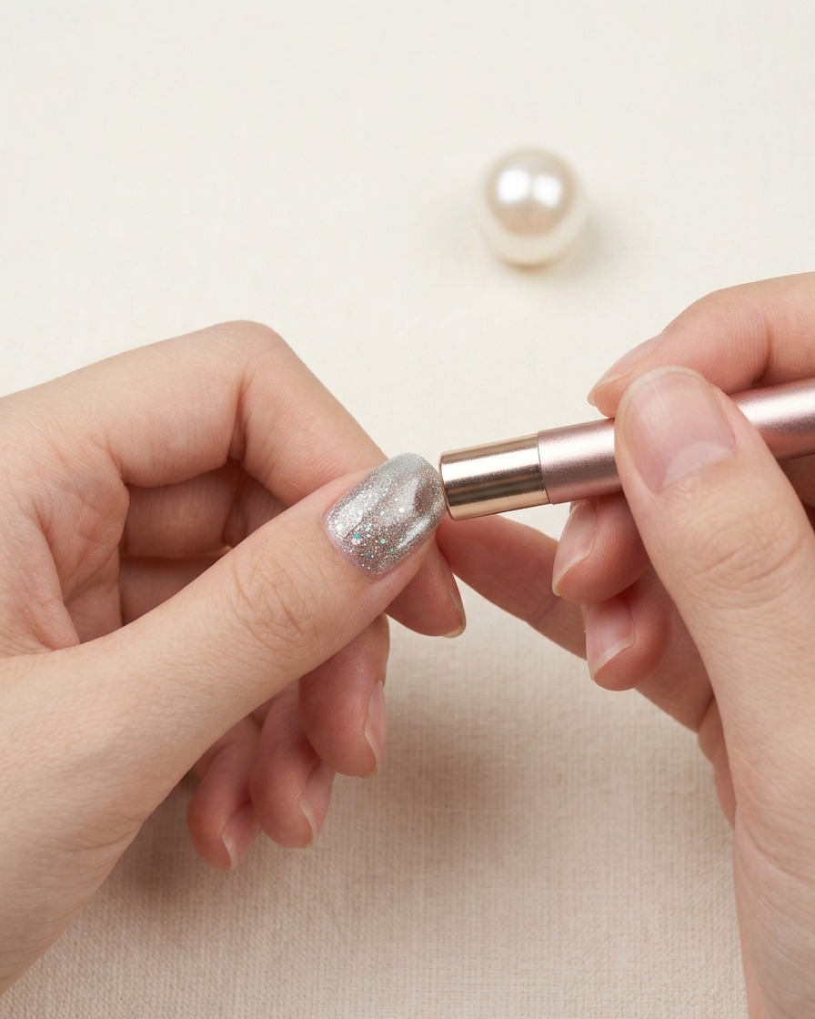 Une main tenant un stylo magnétique cylindrique près dun ongle en gel magnétique scintillant.