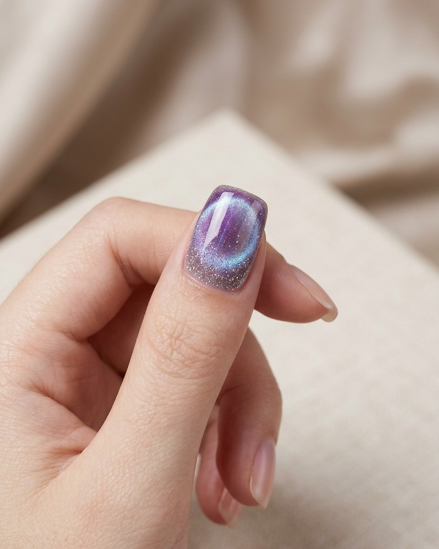 Une main positionnée sous une mini lampe UV/LED pour ongles catalysant un design dongle œil-de-chat violet.