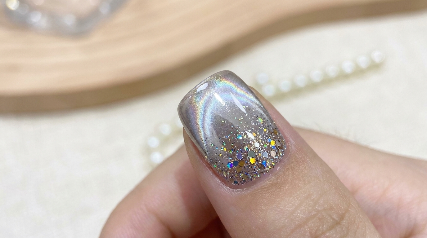 Gros plan sur longle fini chrome aurora et paillettes argentées sur le pouce, présenté contre le poignet avec des reflets lumineux éclatants.