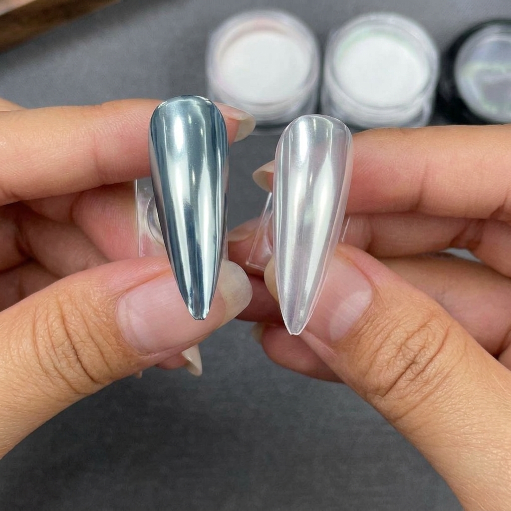 Deux capsules dongles stiletto tenues côte à côte, lune avec une base noire et lautre claire, toutes deux finies avec une poudre argentée Crystal Plating hautement réfléchissante.
