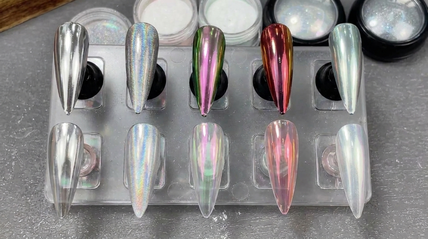 Comparaison de cinq effets de poudre pour ongles : tutoriel chrome, aurora et laser