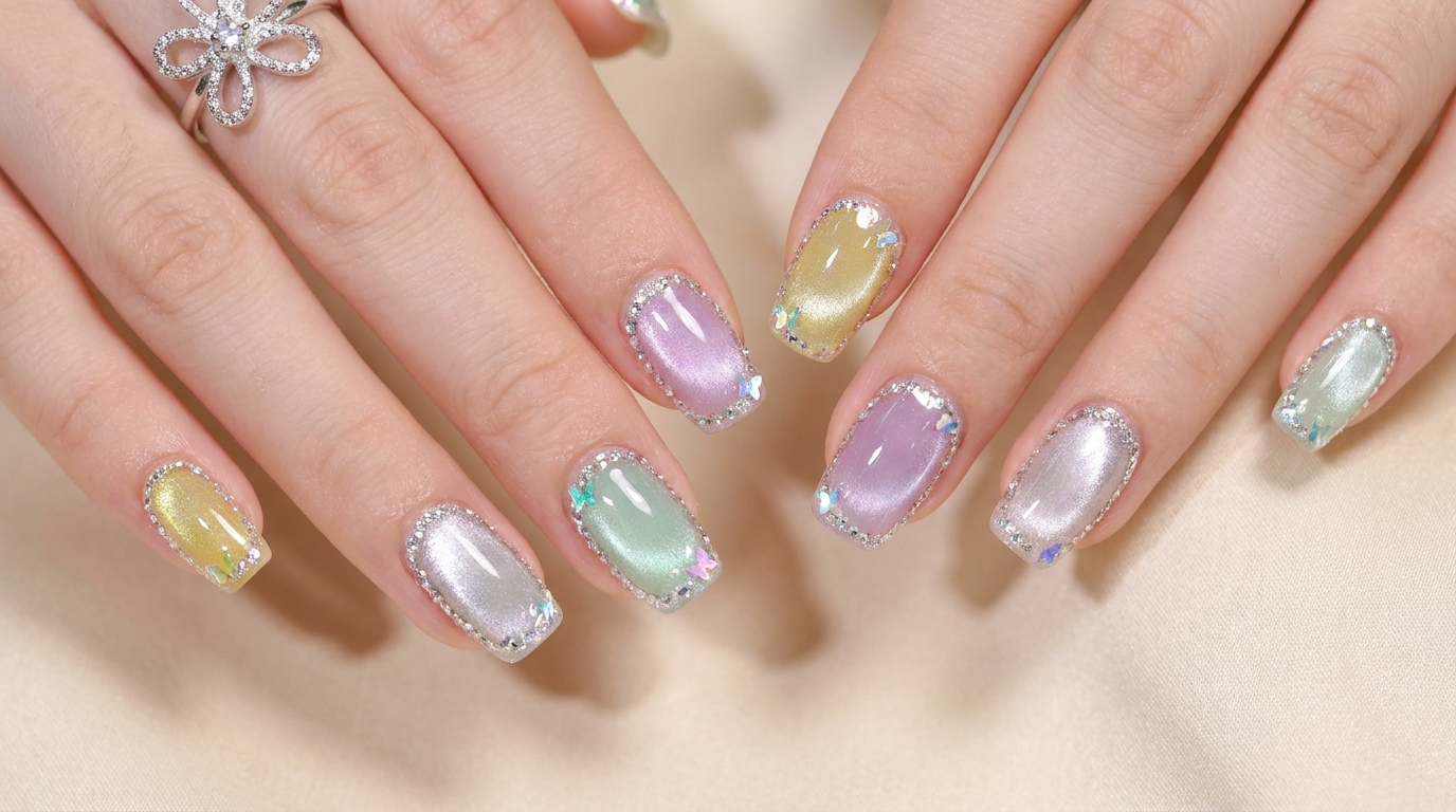 Manucure d'été colorée œil de chat et bordure diamant — Tutoriel étape par étape