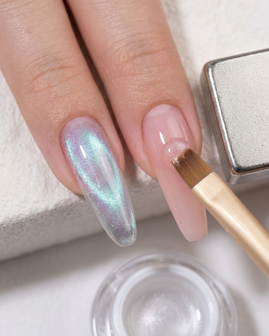 Un pinceau appliquant une couche de gel cat-eye transparent sur un ongle avec un dégradé rose blush.
