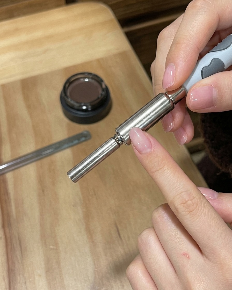Une main tenant un aimant cylindrique argenté au-dessus dun ongle peint pour activer le design cat-eye.