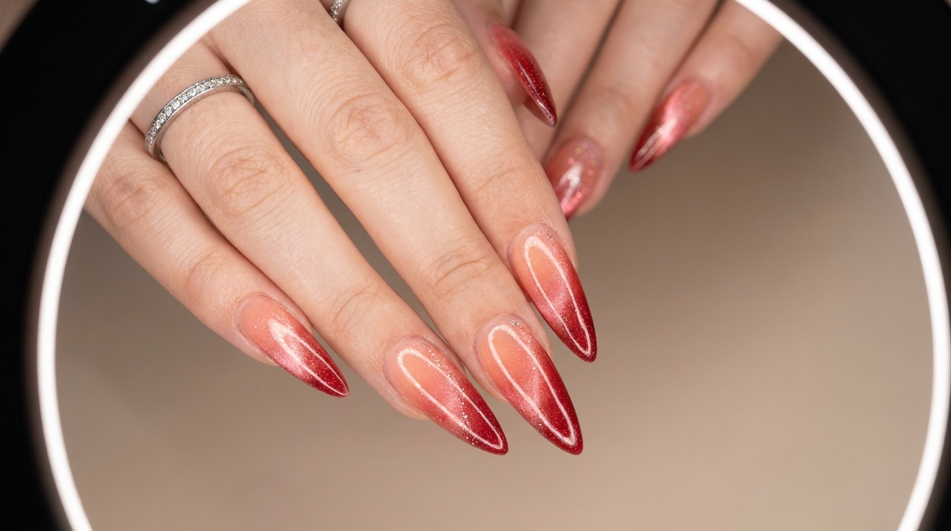 Gros plan dongles stiletto longs et brillants mettant en valeur un dégradé ombré pêche à rouge profond avec un subtil reflet cat-eye et de délicats accessoires de baguecite: 1.