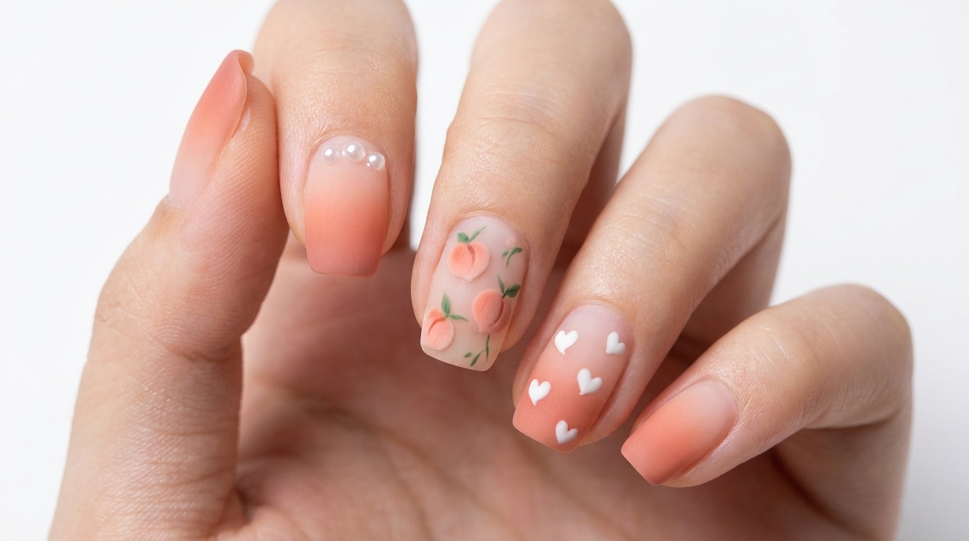 Nail Art Ombré Pêche Estival avec Perles — Tutoriel Gel Mat Étape par Étape