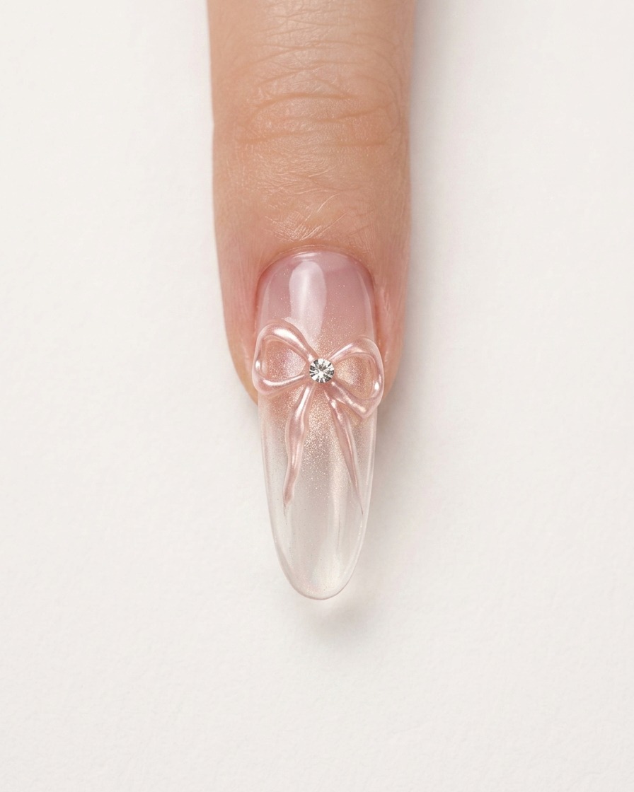 Gros plan sur un pinceau appliquant du gel cat-eye argenté scintillant sur un ongle allongé.