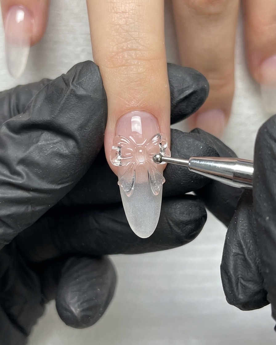 Main gantée tenant un outil de détail fin travaillant sur la structure du nœud en ruban 3D sur un ongle allongé.