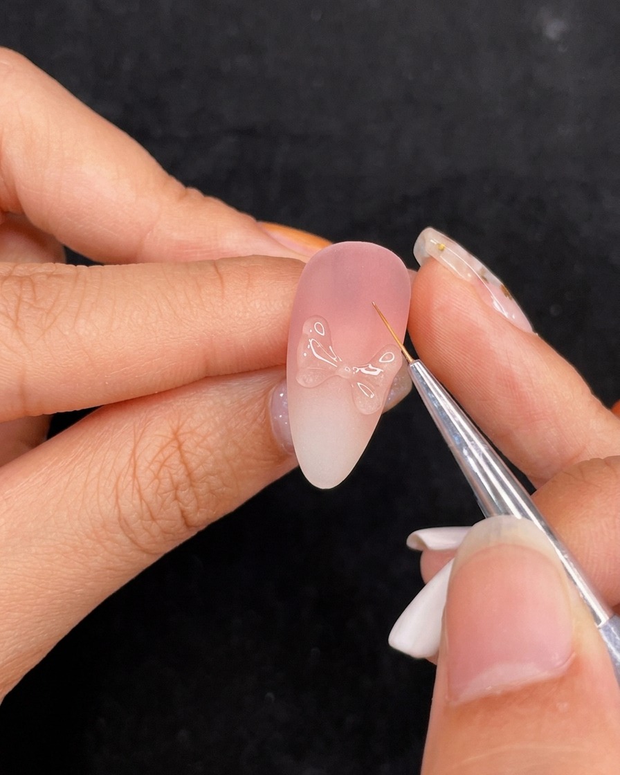 Un pinceau fin appliquant du top coat sur une structure de nœud en nail art 3D.
