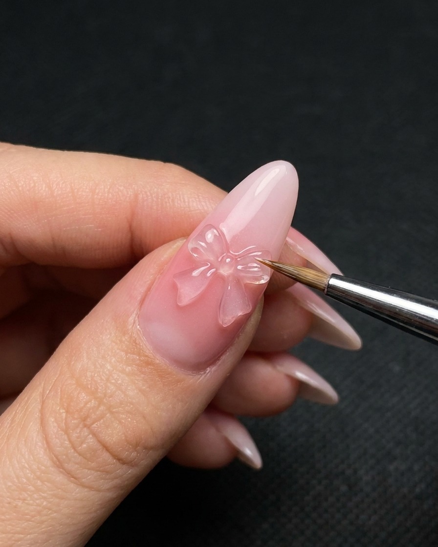 Un pinceau fin traçant les bords dun nœud en gel 3D sur un ongle manucuré.