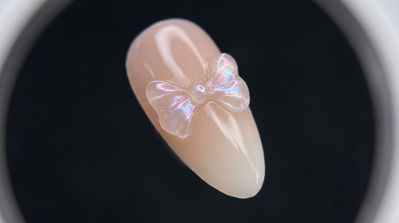 Un ongle en forme damande présentant un délicat nœud 3D translucide avec des reflets chromés aurora lumineux sur une base dégradée nude et blanche.