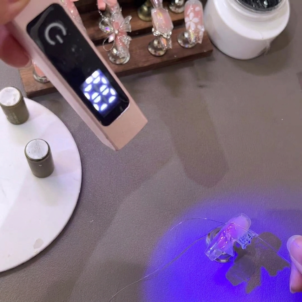 Des pinces étirant et façonnant les pointes délicates dune aile de papillon en gel PVC sous une mini lampe UV.