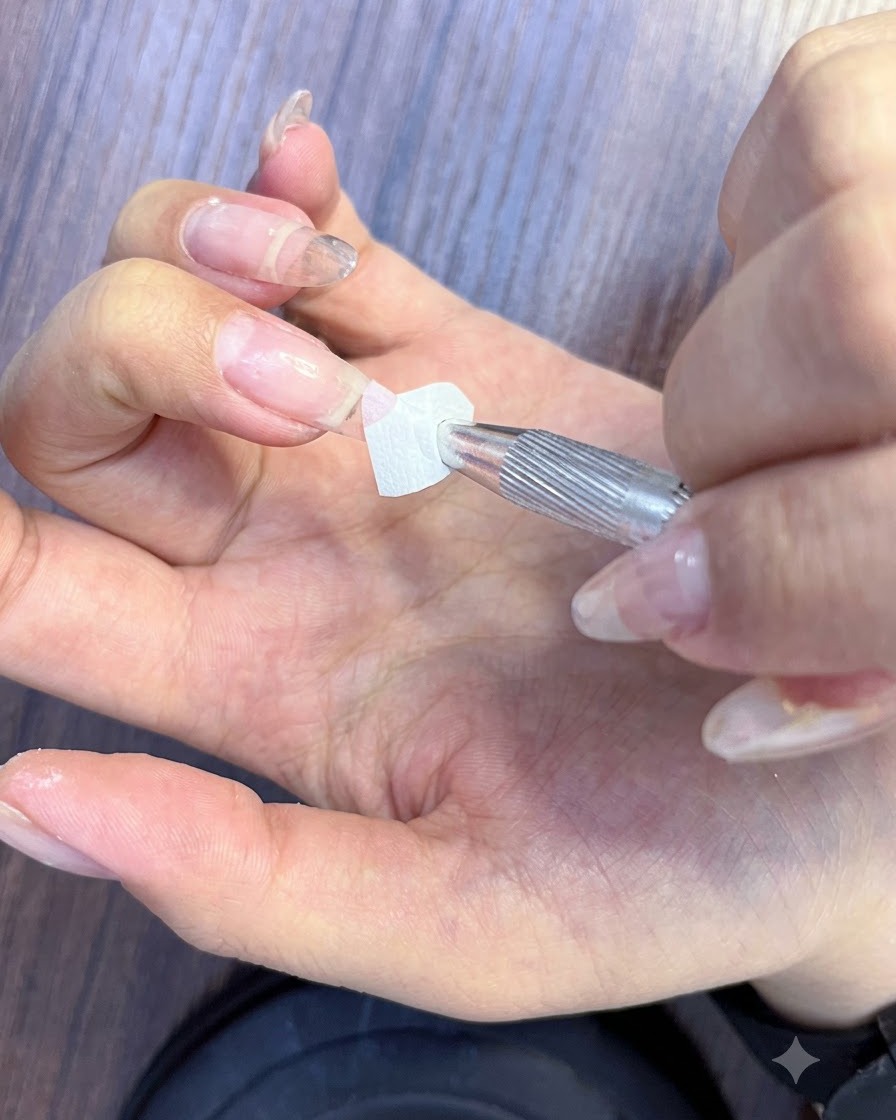 Un repousse-cuticules en métal repoussant délicatement les cuticules sur un ongle naturel.