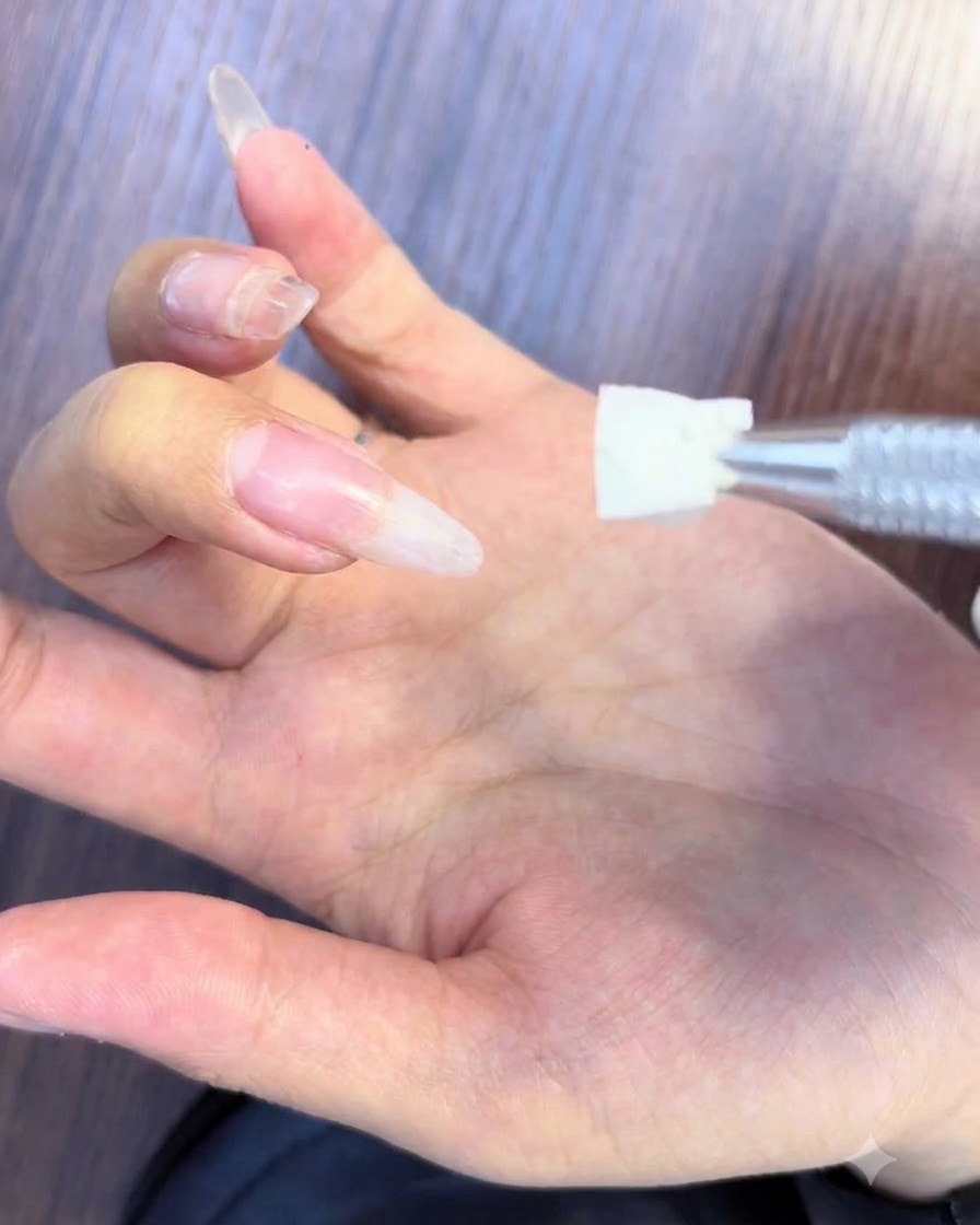 Application dun gel blooming blanc et rose sur la surface dun ongle pour former un effet ombré.