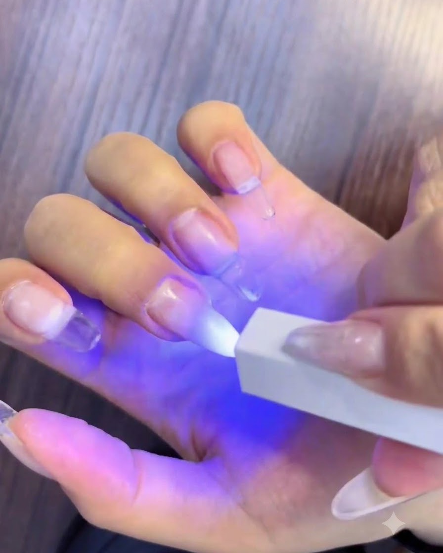 Une main sous une mini lampe UV LED portable catalysant les ongles en dégradé blanc et rose.
