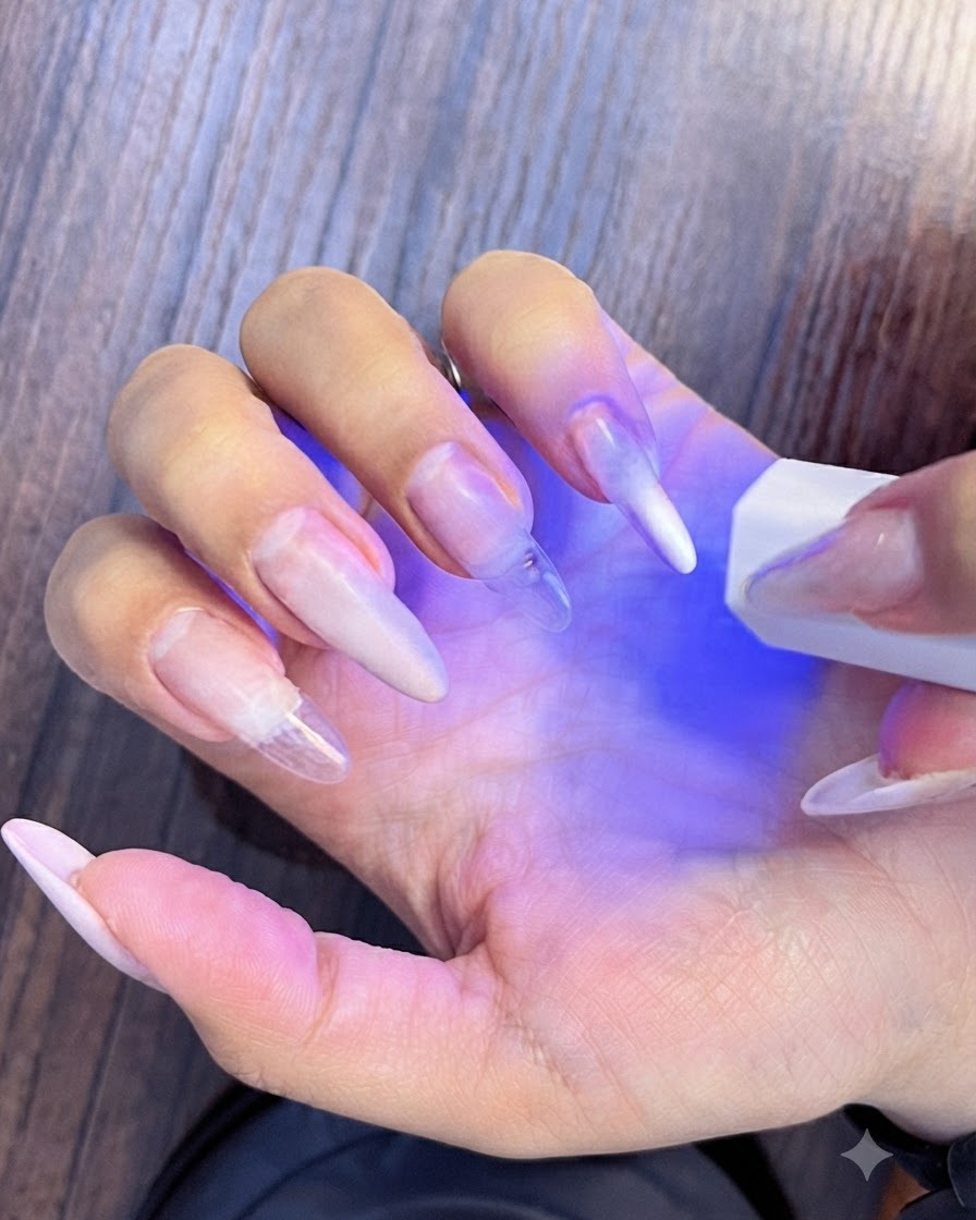 Ongles en cours de catalyse sous une mini lampe UV LED pour fixer lapplication du gel.