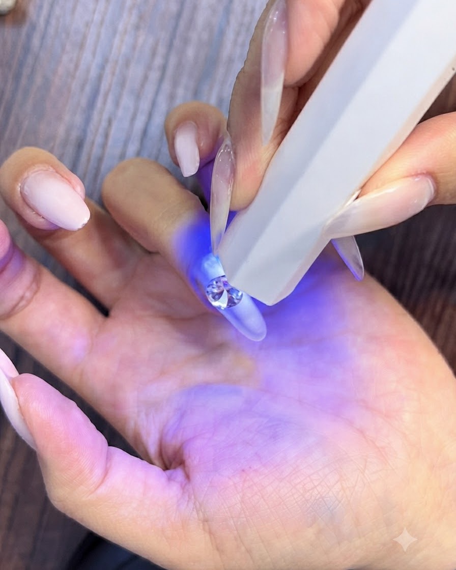 Une mini lampe de polymérisation UV blanche tenue de près au-dessus dun grand diamant étincelant placé sur un ongle dégradé rose.