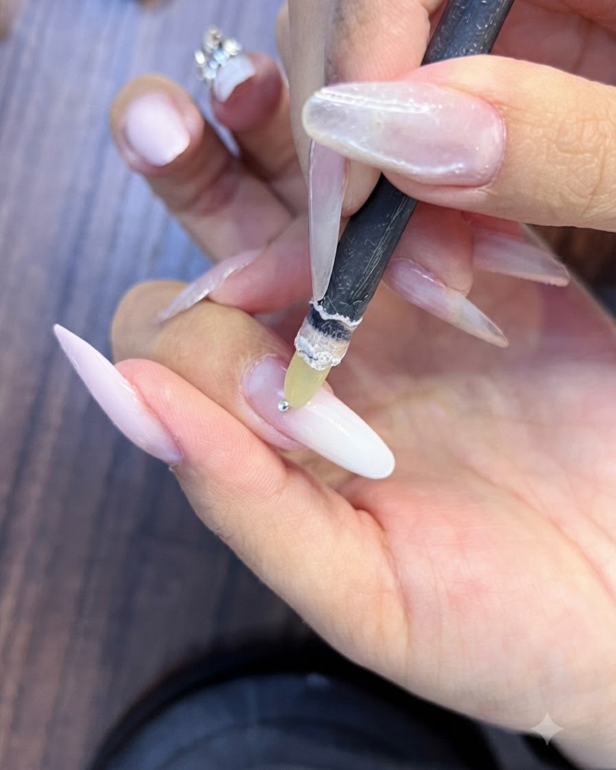 Un outil crayon de préhension en cire tenant un minuscule strass argenté au-dessus dun ongle dégradé rose et blanc préparé.