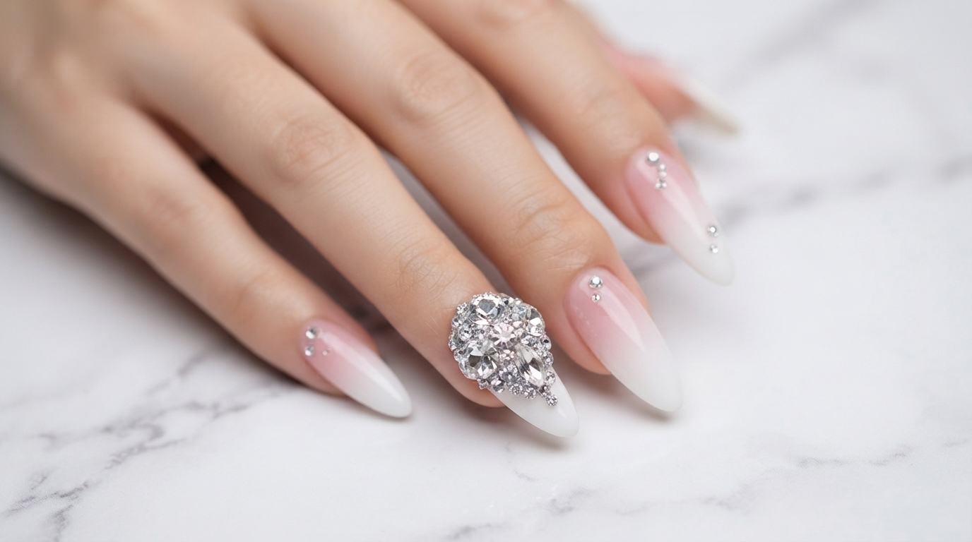 Ongles Stiletto Dégradés Blanc et Rose Luxueux avec Strass Diamants