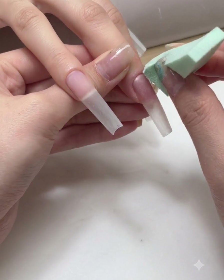 Une main utilisant une petite éponge en mousse pour tapoter et estomper deux couleurs de gel sur une longue extension dongle afin de créer un effet ombré.
