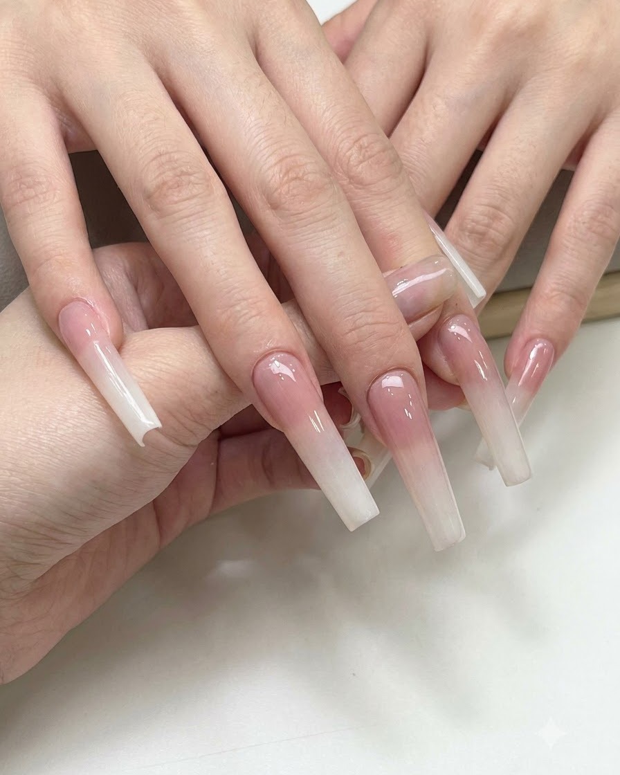 Une paire de mains présentant des extensions en dégradé terminées avec un léger éclat perlé effet lune.