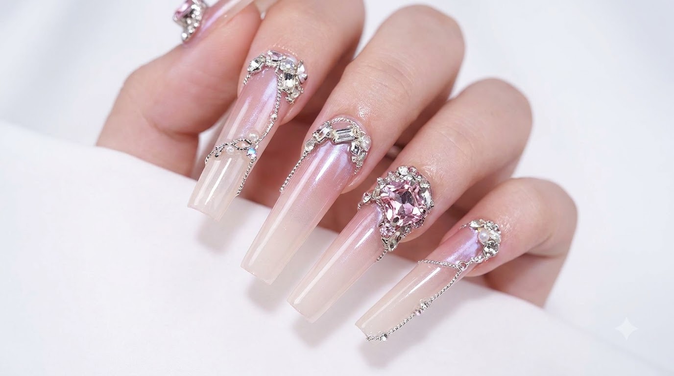 Tutoriel d'ongles en gel effet lune de pêche blanche avec strass et chaînes