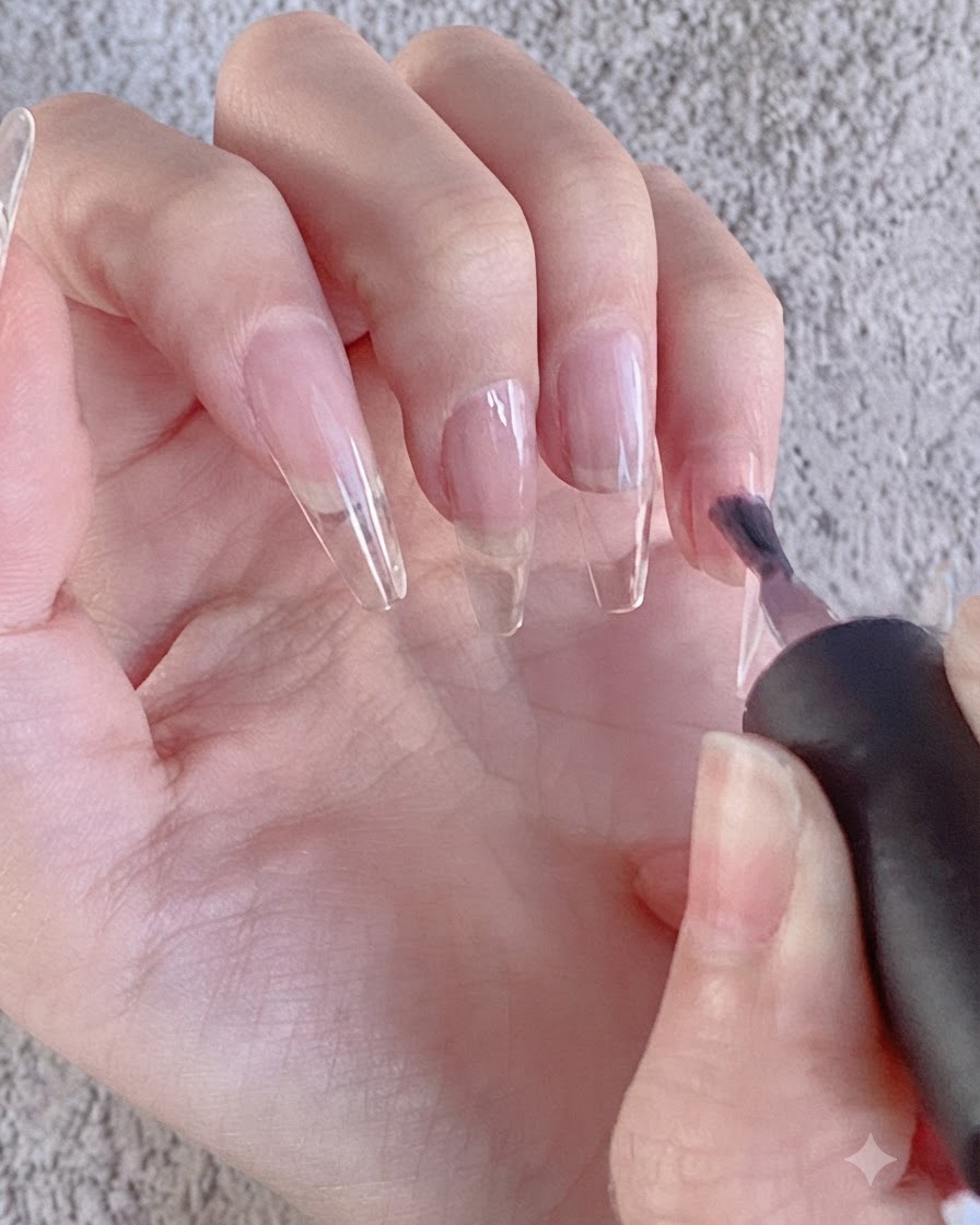 Un pinceau à ongles appliquant une couche de vernis gel foncé sur une capsule dongle transparente.