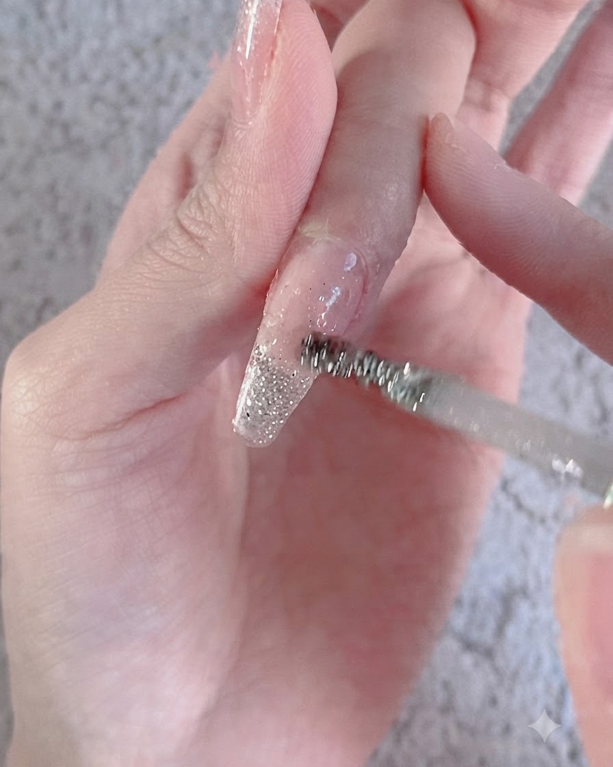 Un pinceau propre lissant un dégradé de paillettes avec de légers mouvements verticaux sur un ongle.