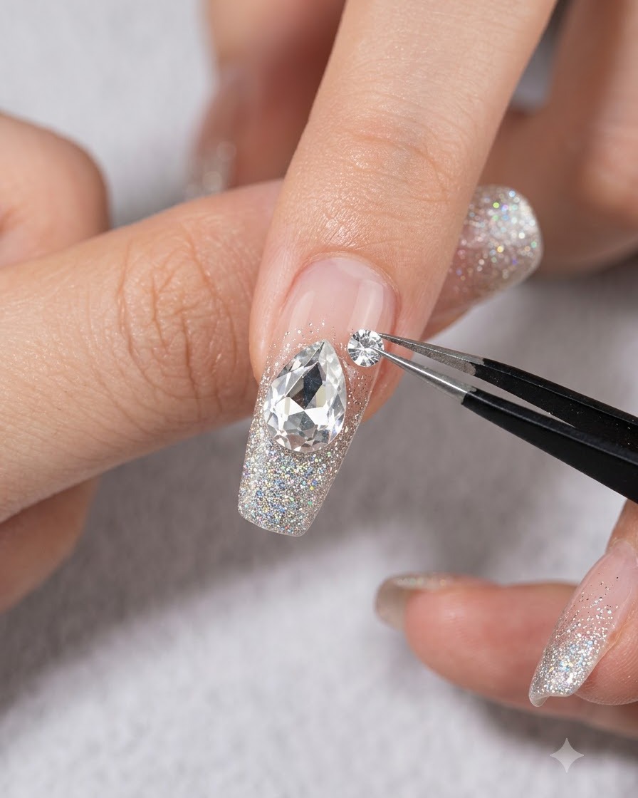 Une paire de brucelles plaquant un petit strass à côté dune grande gemme en forme de poire sur un ongle décoré.