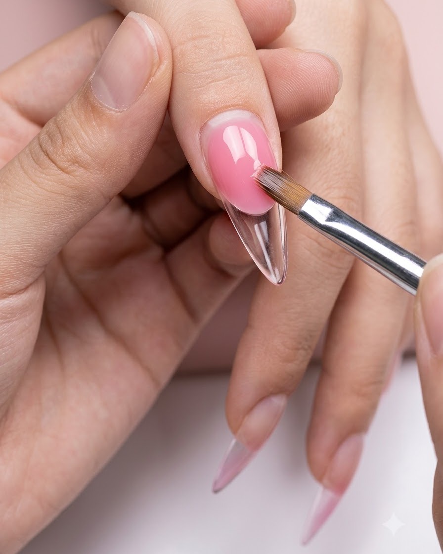 Un pinceau appliquant minutieusement une troisième couche de gel rose sur la partie supérieure dun ongle en dégradé.