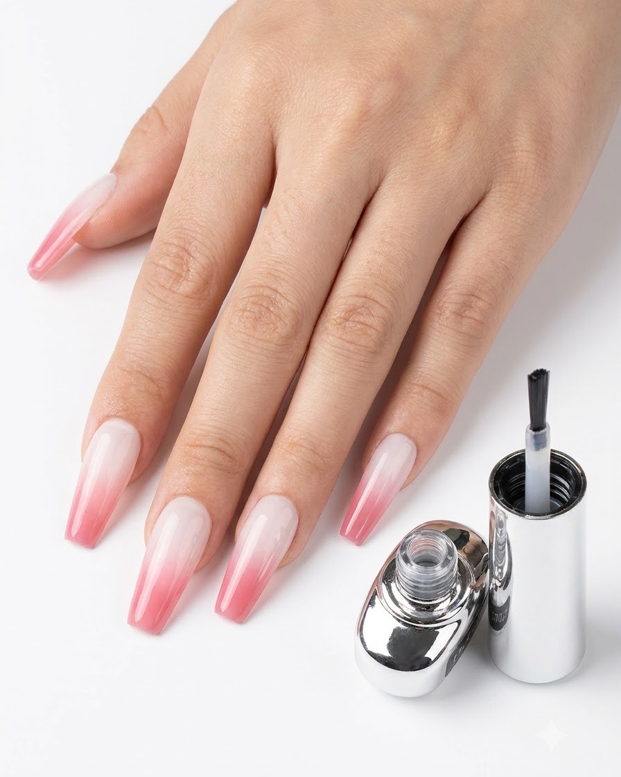 Une main présentant des ongles en dégradé terminés à côté dun flacon de top coat sur un fond blanc immaculé.