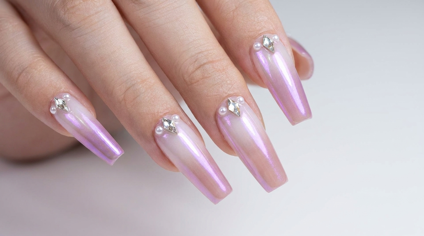 Ongles Ombré Bicolores avec Effet Chrome Aurore et Strass