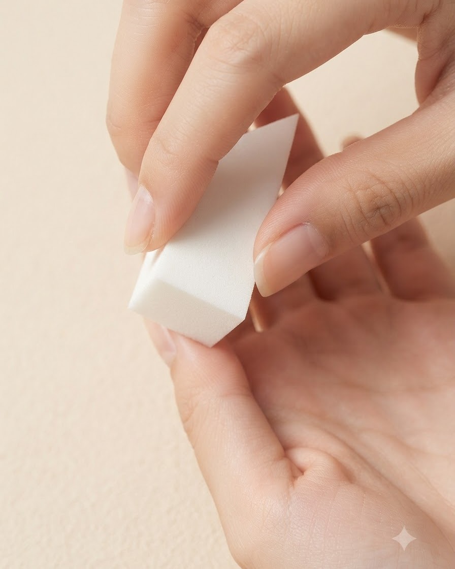 Une main tenant une éponge de maquillage blanche tapotant doucement sur la surface de longle.