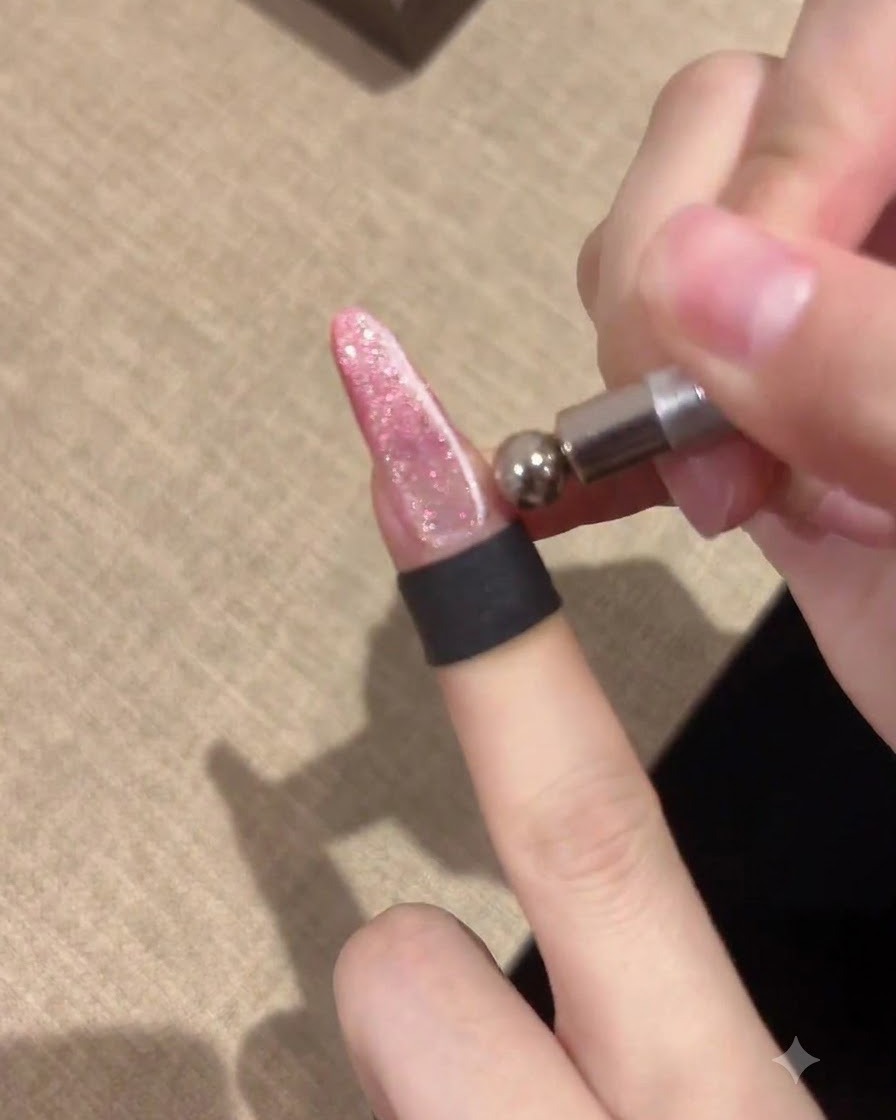 Gros plan sur une main utilisant un petit bâtonnet aimanté à embout sphérique pour modeler le vernis gel cat-eye sur un ongle rose rallongé.