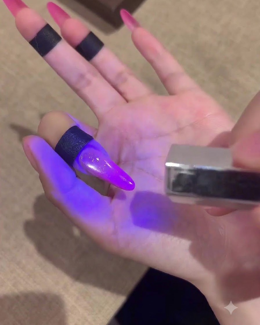Un pinceau à ongles appliquant une couche de finition brillante transparente sous la lueur dune lampe UV violette.