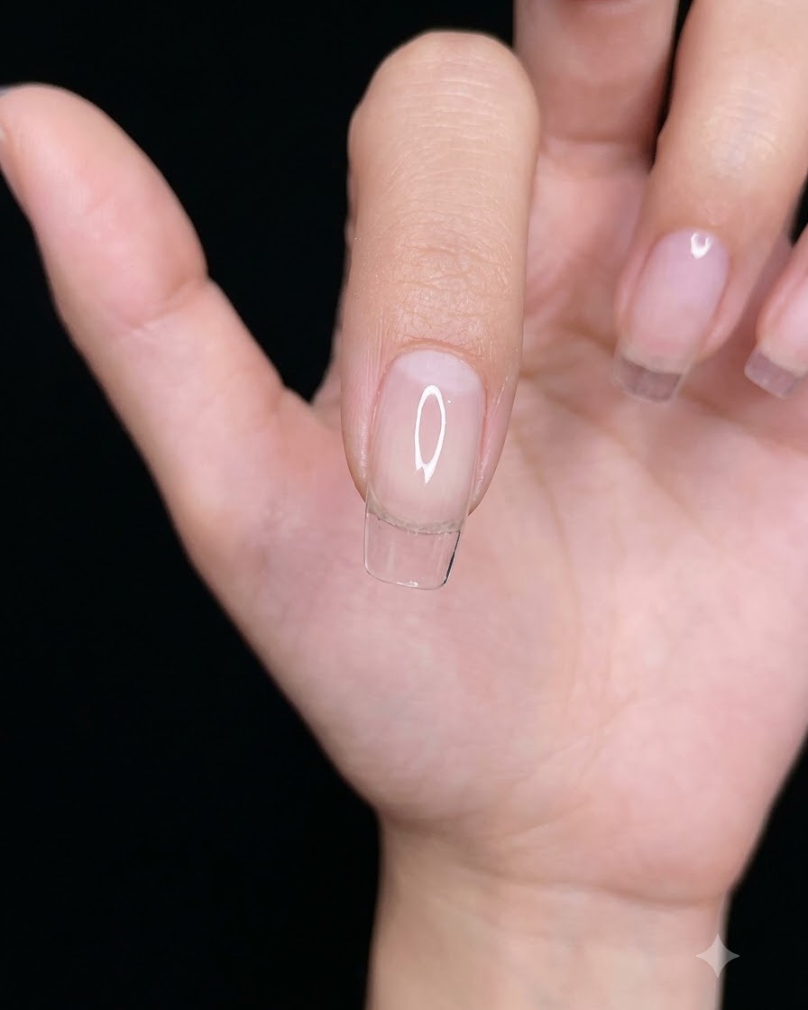 Gros plan dune main saupoudrant des paillettes fines dorées et argentées sur une couche de gel de base transparent sur une capsule.