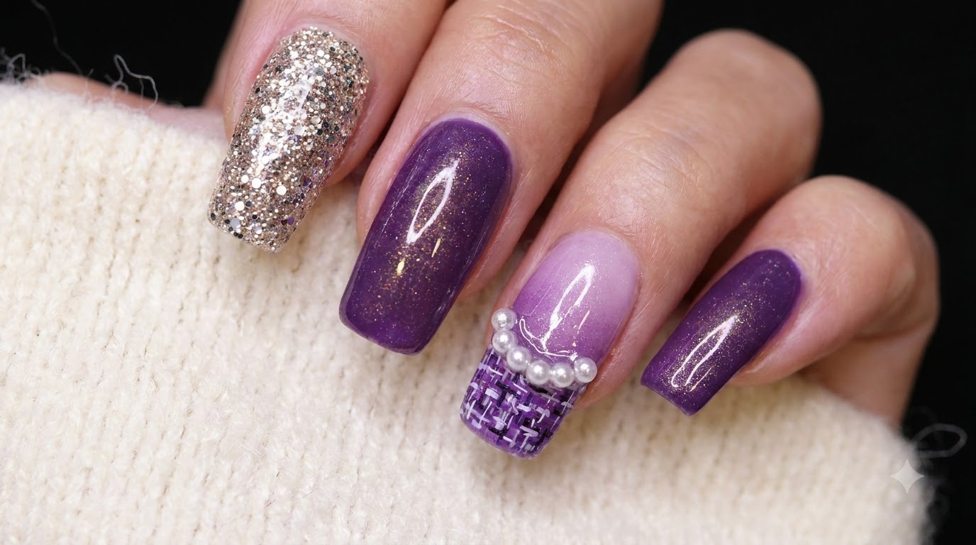 Ongles en Gel Effet Tweed Violet et Ombré avec Perles — Tutoriel Manucure de Luxe