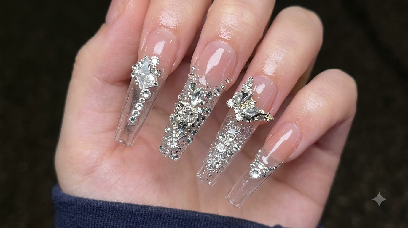 Ongles Coffin Nudes aux Strass — Vitrine Glamour