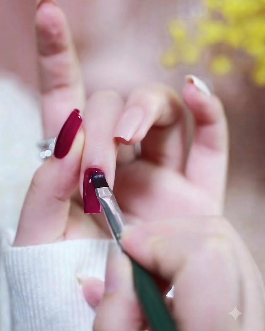 Un pinceau à ongle étalant uniformément un vernis gel magenta vibrant sur la surface de longle.