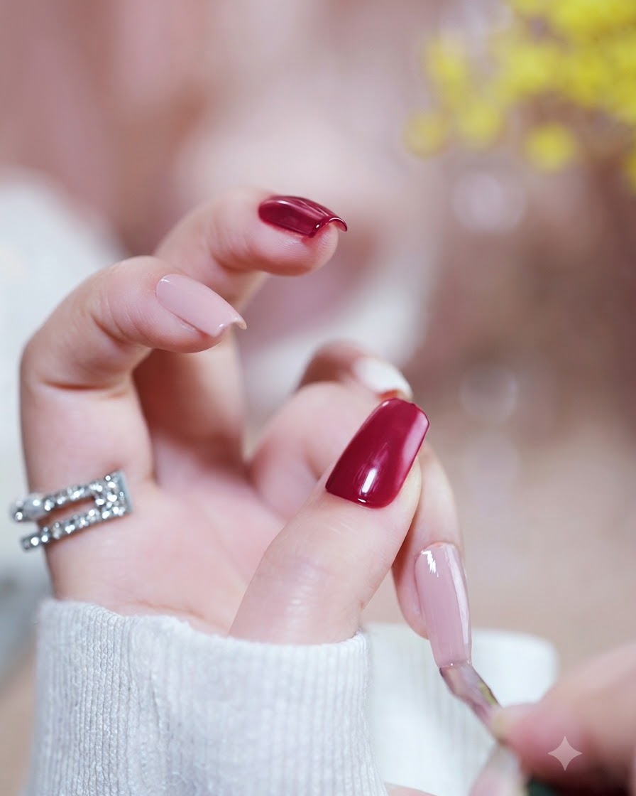 Une main avec des ongles vernis magenta posée sous une lampe UV/LED brillante.